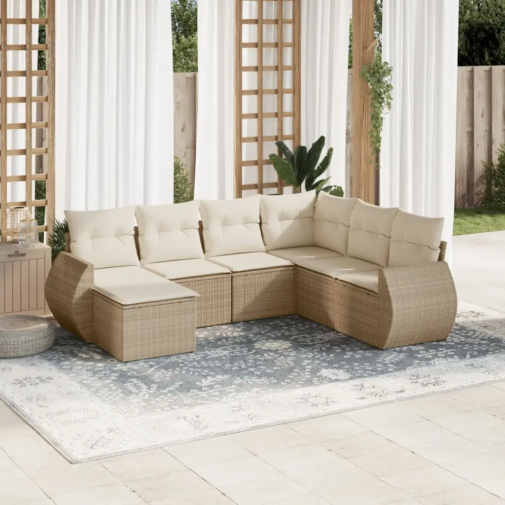 Ensemble de Canapés 7 Pièces Poly Rotin Beige pour Jardin Coussins Déhoussables Blanc Crème – ComfortXL Outdoor Living