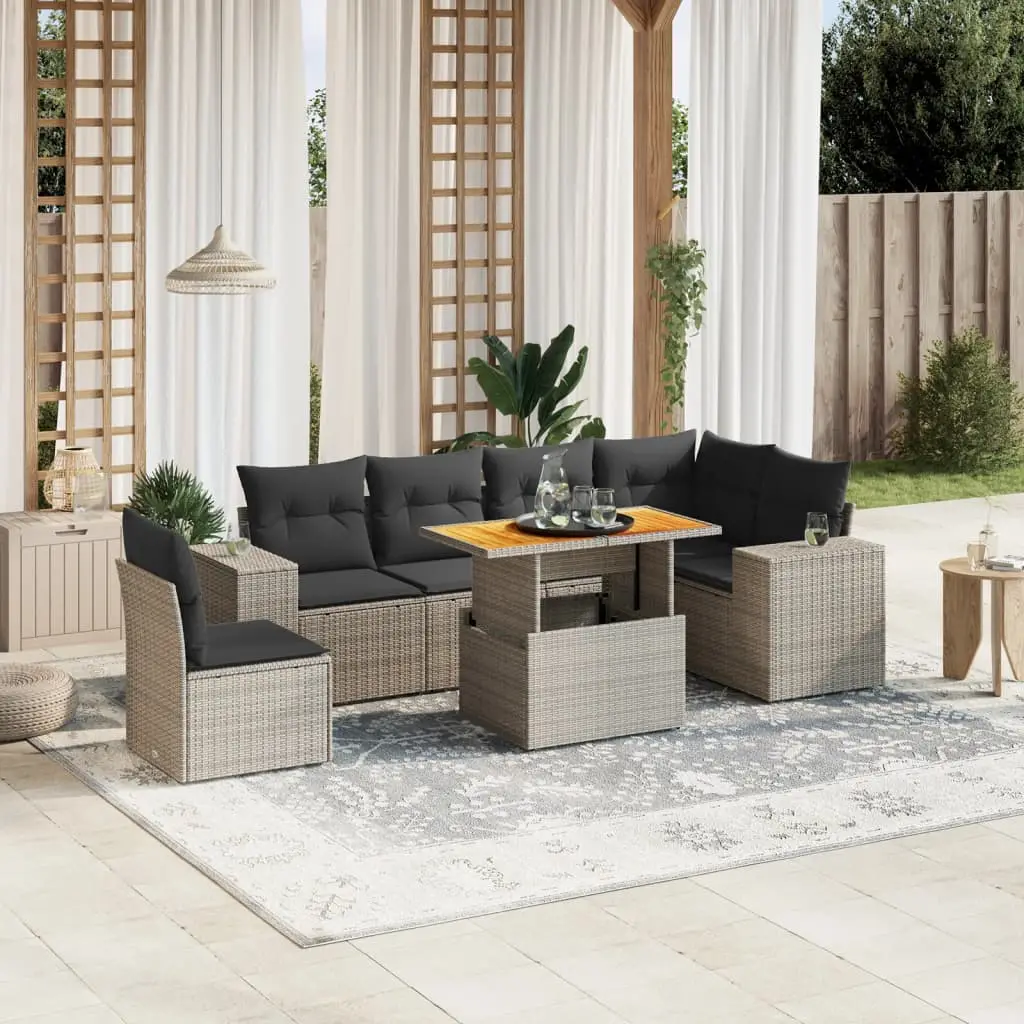 Ensemble de jardin 7 pcs d’angle en poly rotin Gris avec table convertible et confort – ComfortXL Outdoor Living