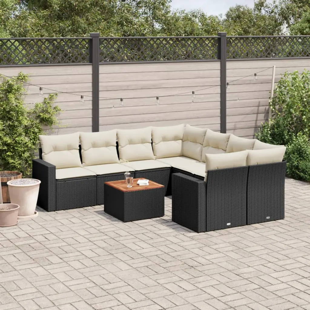 Ensemble de Jardin d’Angle 8 Places Modulable en Polyrotin Noir Table en Bois d’Acacia Coussins Crème – ComfortXL Outdoor Living