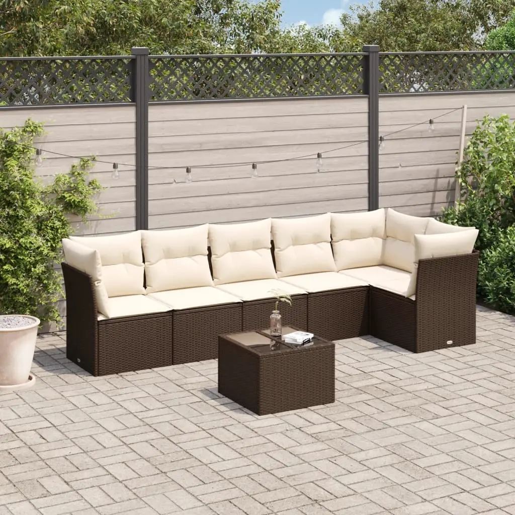 Ensemble canapés de jardin modulable 7 pièces en poly rotin avec table basse pour terrasse Marron et Blanc Crème – ComfortXL Outdoor Living