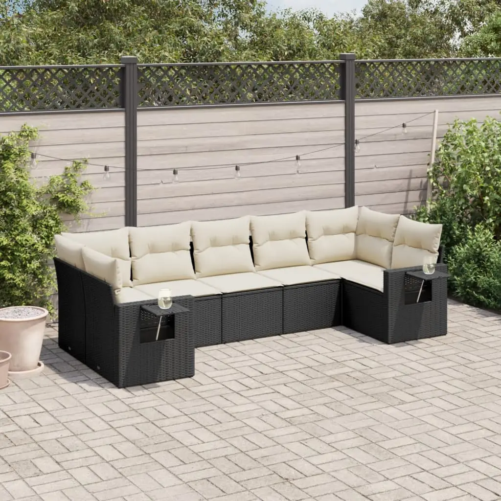Ensemble canapés de jardin 7 places modulable en poly rotin avec accoudoirs-tablettes Coussins Crème – ComfortXL Outdoor Living