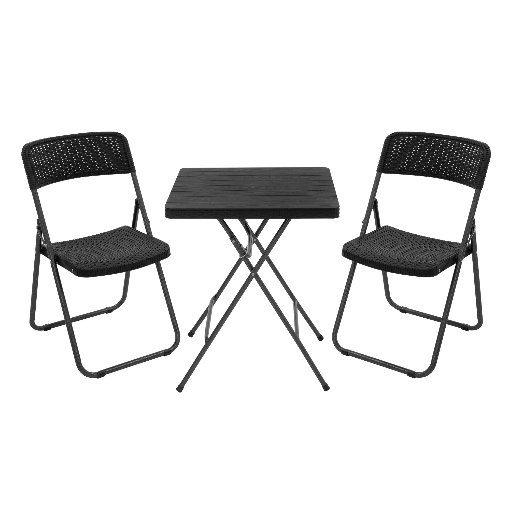 Ensemble de meubles de terrasse 1 table et 2 chaises pliantes noir aspect rotin avec cadre métallique résistant aux intempéries protections de sol