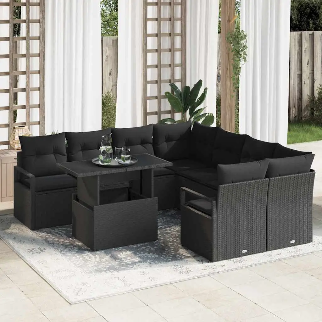 Ensemble de canapé de jardin avec coussin 9 pcs Noir polyrotin vidaXL 3348799
