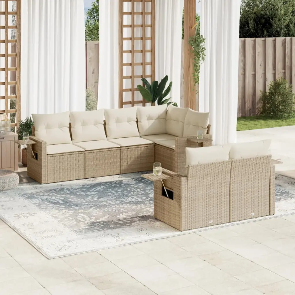 Ensemble canapés modulable 7 places résine tressée avec tablettes d’appoint pour jardin Beige coussins blanc crème – ComfortXL Outdoor Living
