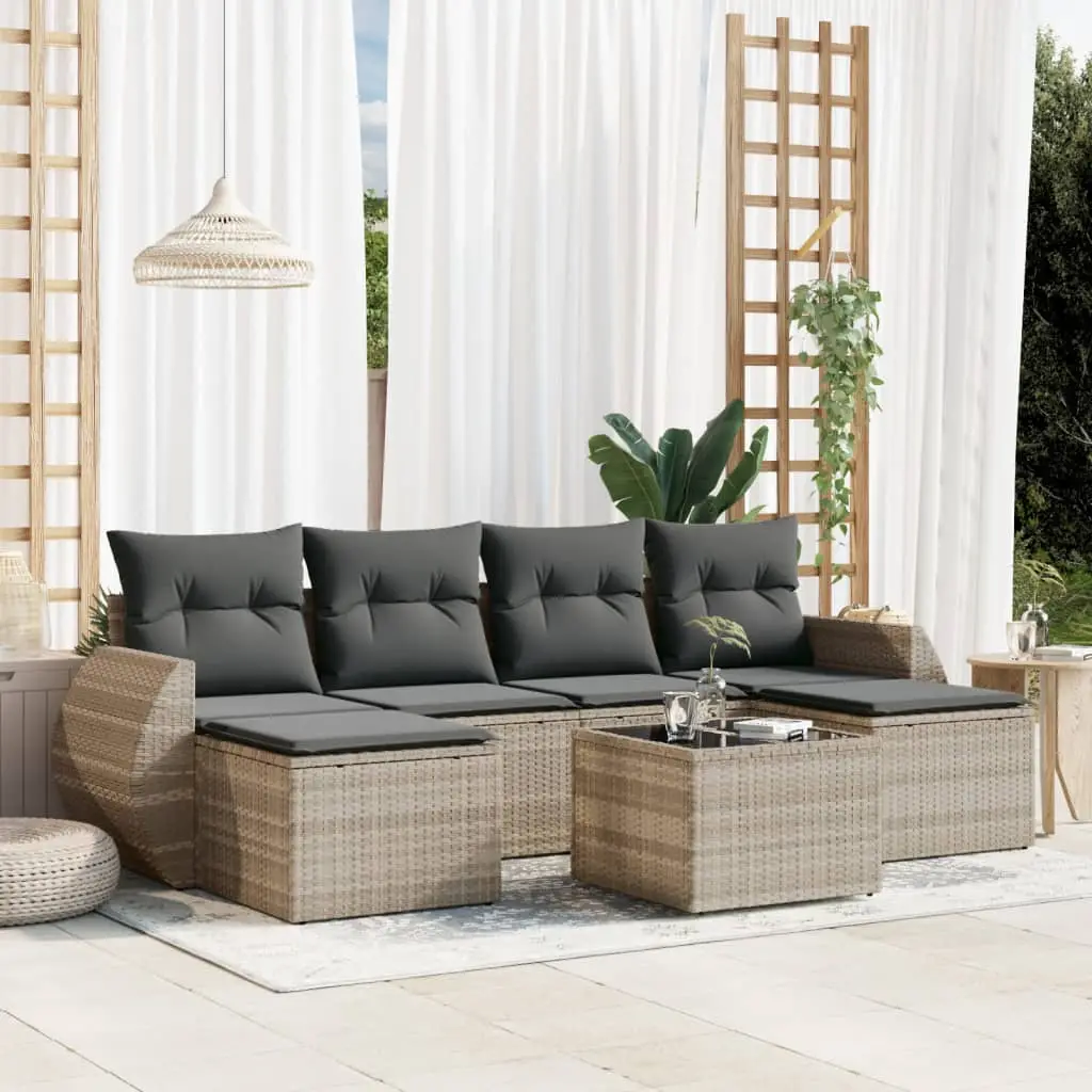 Ensemble de Jardin 7 Places Gris Clair avec Rangement, Incluant 2 Repose-pieds et Table Verre – ComfortXL Outdoor Living