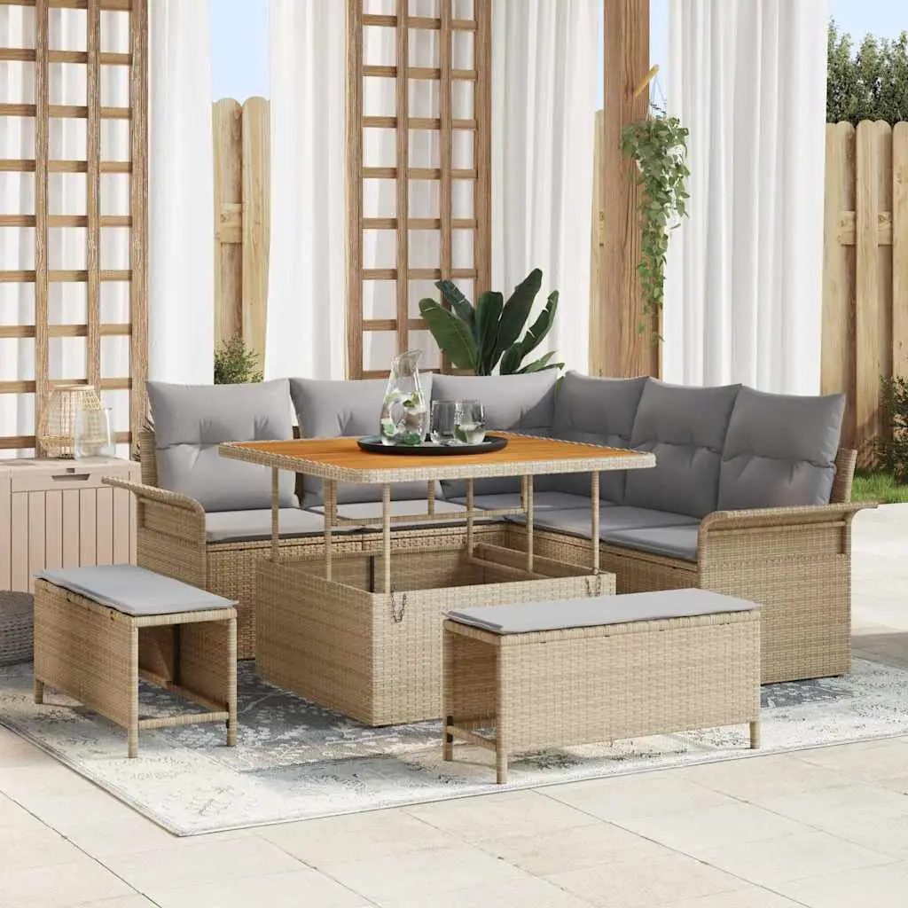Ensemble de jardin 8 pièces en polyrotin et bois d’acacia pour 7 convives Beige – ComfortXL Outdoor Living
