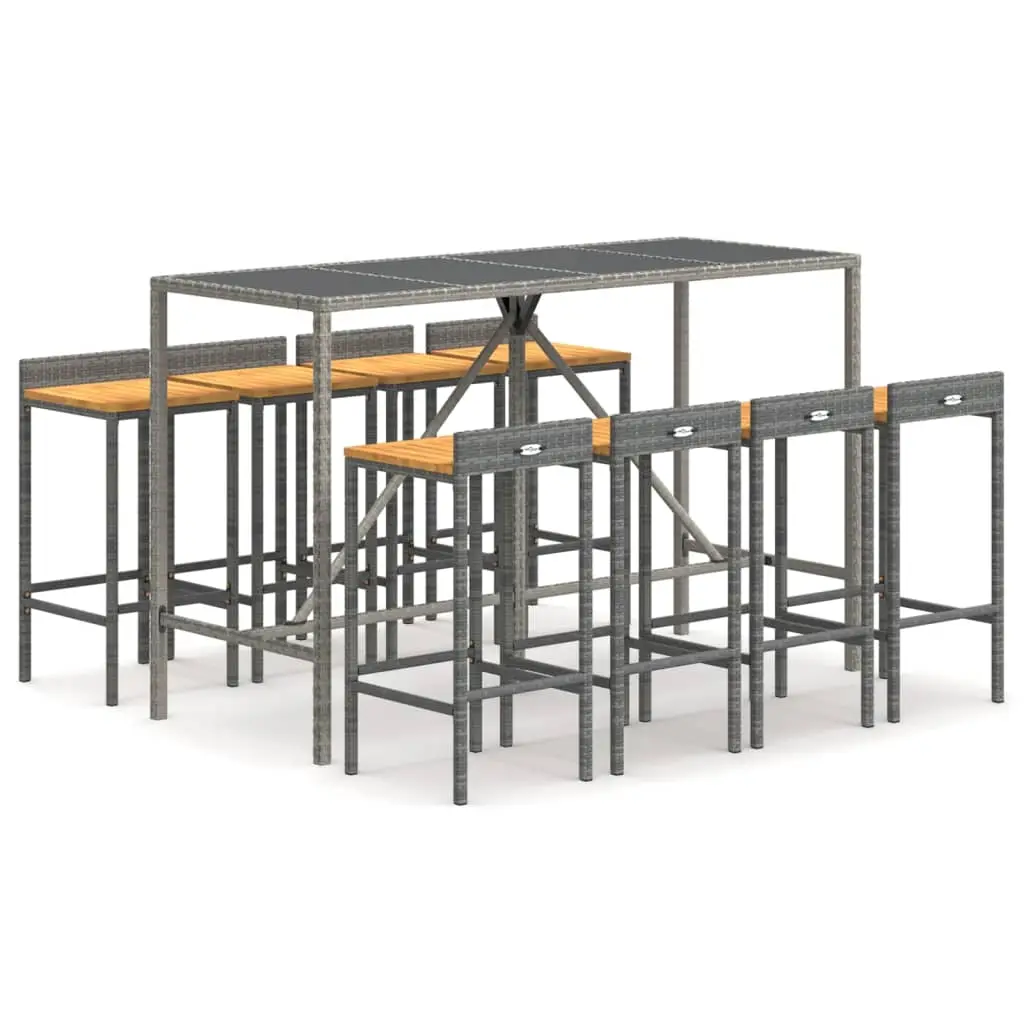 Ensemble de 9 pcs bar de jardin – Mobilier d’extérieur gris poly rotin/bois massif acacia