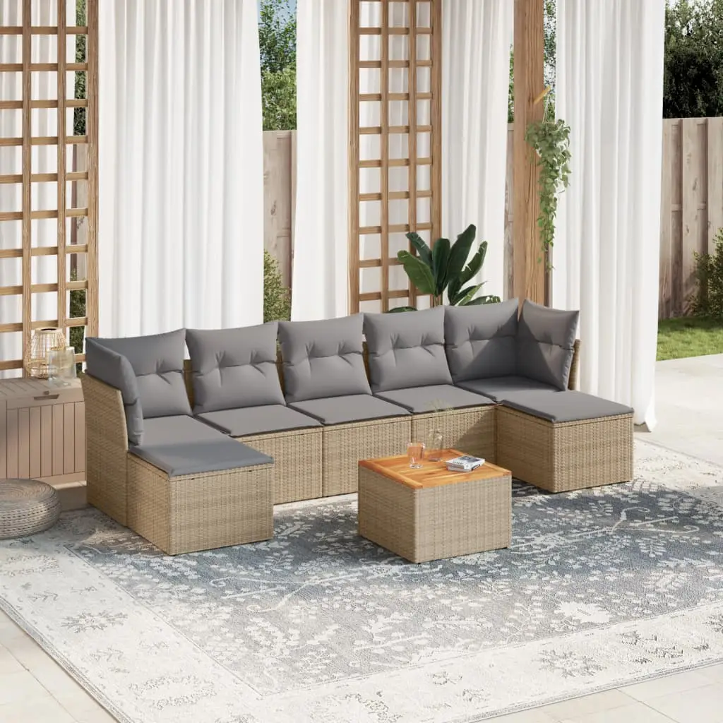 Ensemble de Jardin 8 Pièces Résine Tressée Bicolore et Bois avec Poufs et Coffres Extérieur Mélange Beige – ComfortXL Outdoor Living