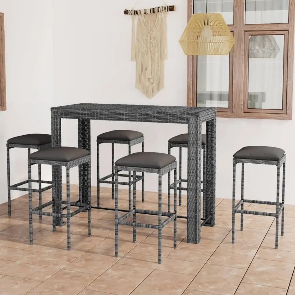 Ensemble de bar de jardin 7 pcs et coussins Résine tressée Gris vidaXL 3064788