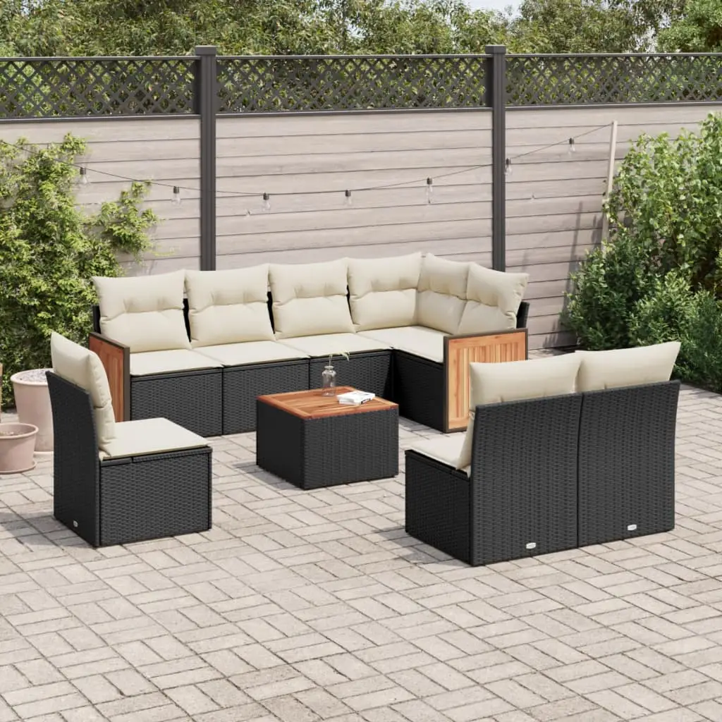 Ensemble de jardin 8 places Résine Tressée Bois d’Acacia Modulable pour Terrasse Noir et Crème – ComfortXL Outdoor Living