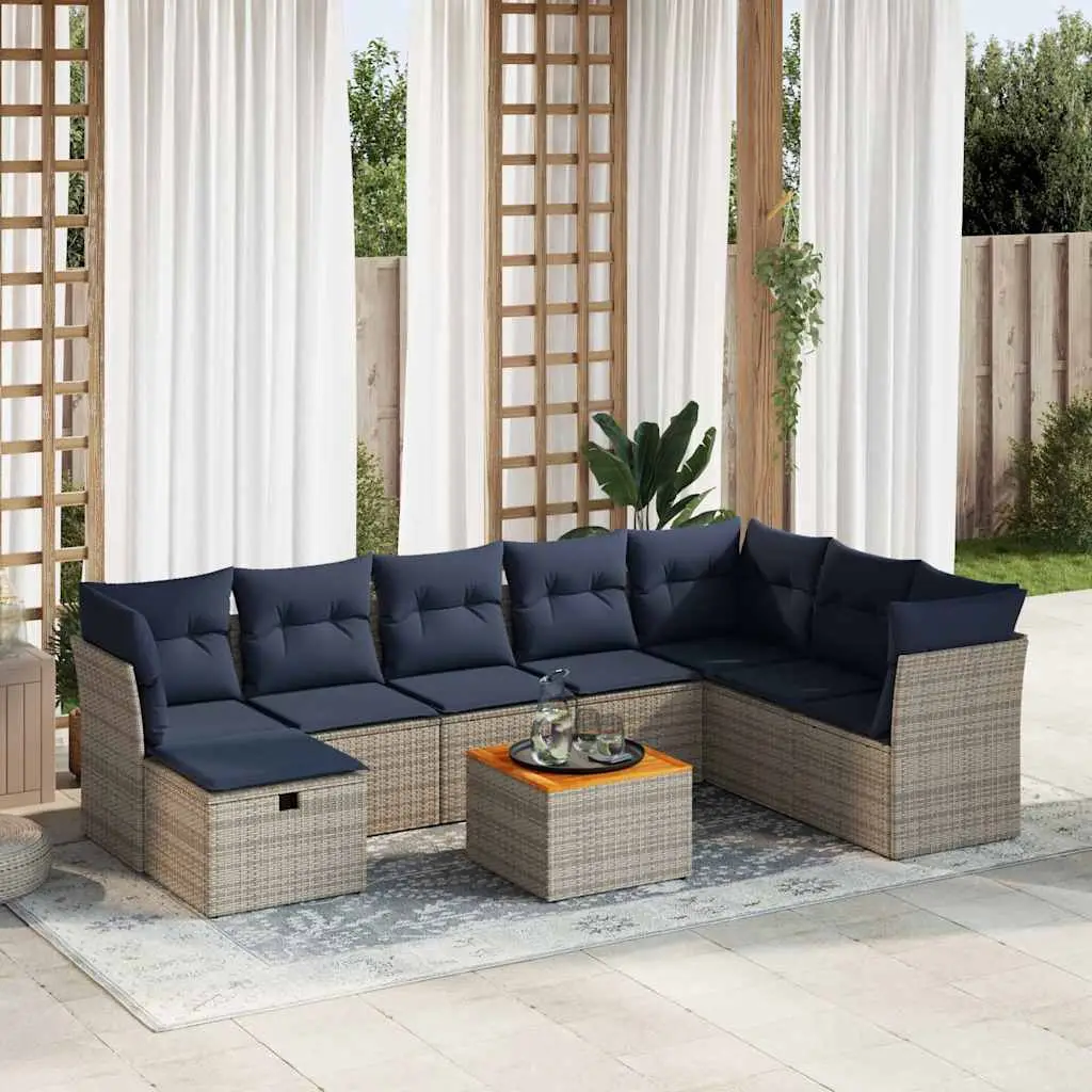 Ensemble de jardin 9 pcs avec table acacia et rangements en résine tressée Gris – ComfortXL Outdoor Living