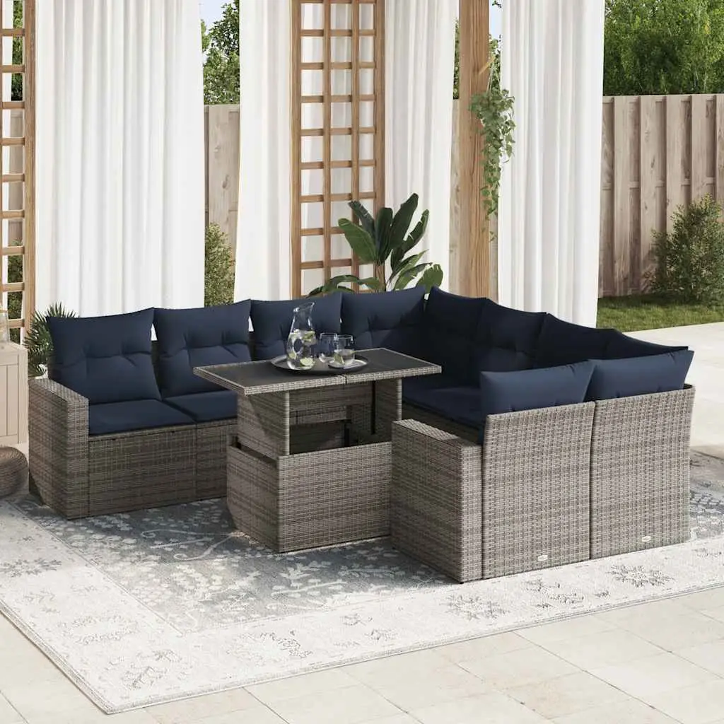 Ensemble de Jardin 9 Places en Résine Tressée Gris avec Coffre de Rangement Intégré Modulable – ComfortXL Outdoor Living