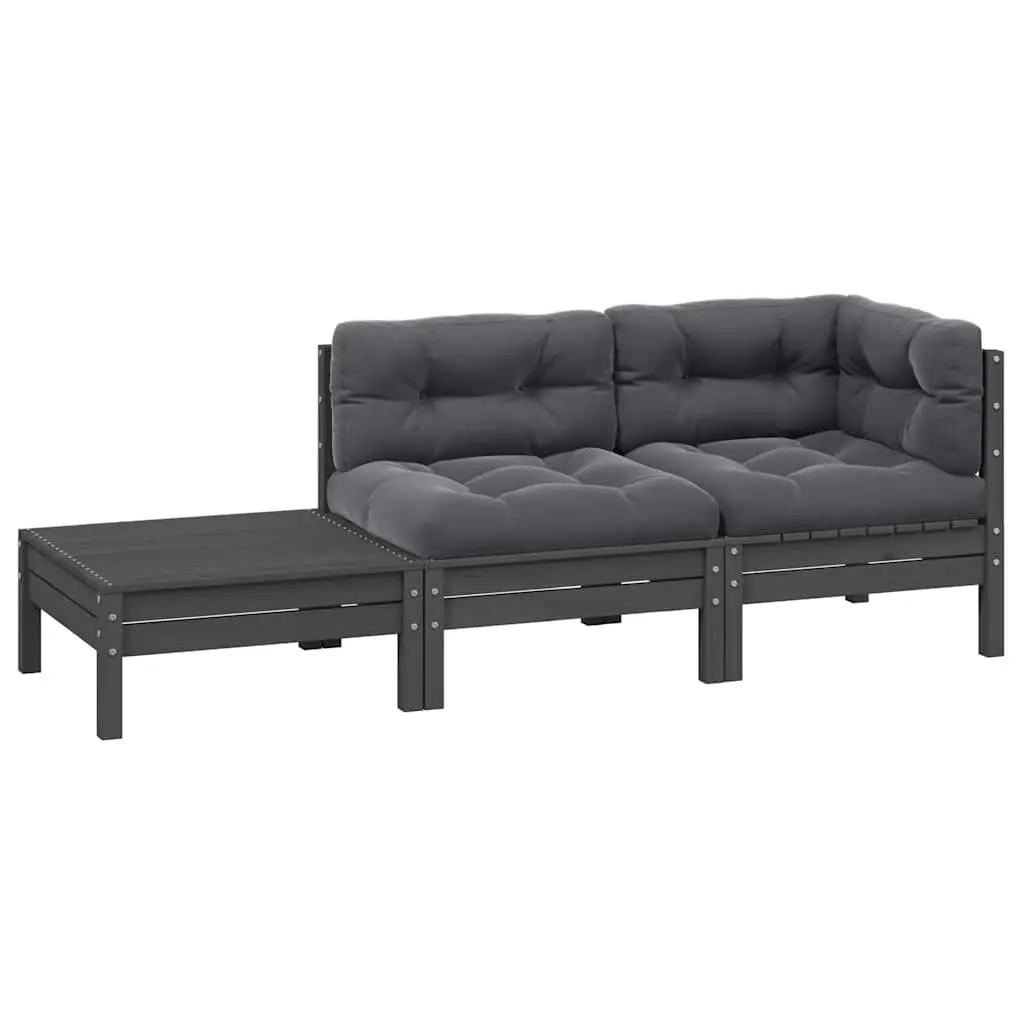Ensemble de Jardin Modulable Bois de Pin 3 Éléments avec Coussins Épais pour Patio Gris – ComfortXL Outdoor Living
