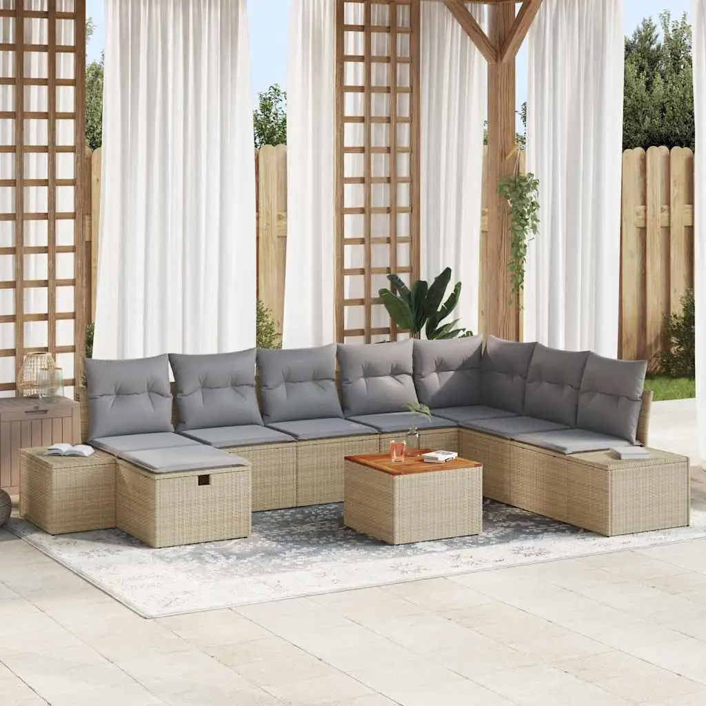 Ensemble Canapé de Terrasse 9 pcs Modulable 8 Places en Poly Rotin et Bois Beige – ComfortXL Outdoor Living