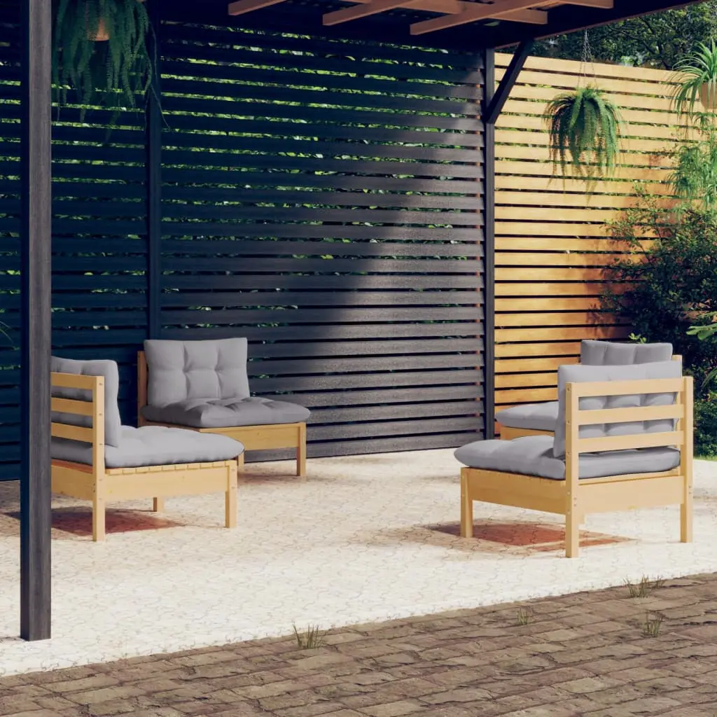 Ensemble Canapé de Jardin Modulable 4 Pièces en Bois de Pin Massif avec Coussins Gris Déhoussables – ComfortXL Outdoor Living
