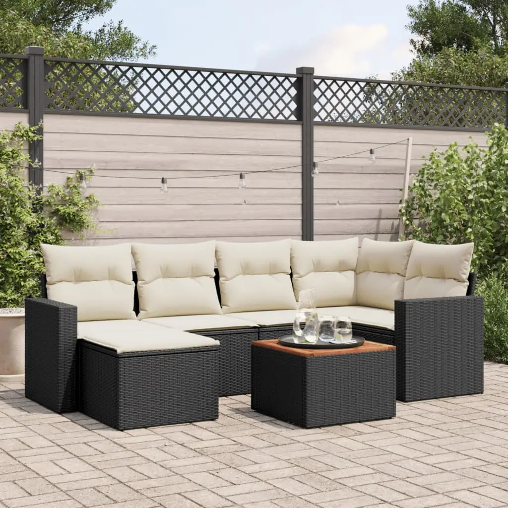 Ensemble de Jardin 7 Pièces 5 Places Résine Noire Coussins Crème Table Bois d’Acacia – ComfortXL Outdoor Living
