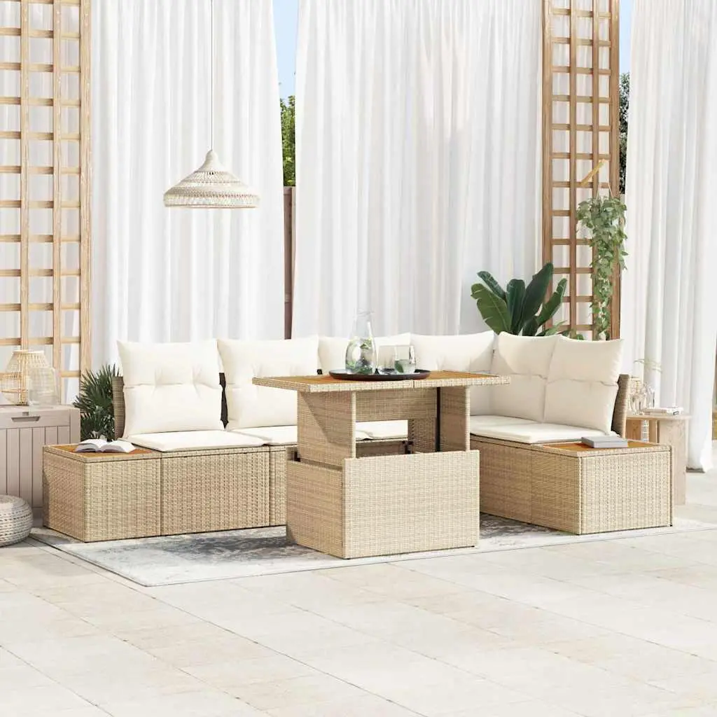 Ensemble de Jardin 6 Pièces Polyrotin et Bois Modulable avec Rangement Intégré pour Patio Beige et Crème – ComfortXL Outdoor Living