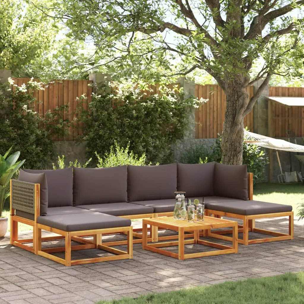 Ensemble de Jardin 7 Pièces Bois d’Acacia et Rotin Modulable avec 2 Poufs Coussins Gris – ComfortXL Outdoor Living
