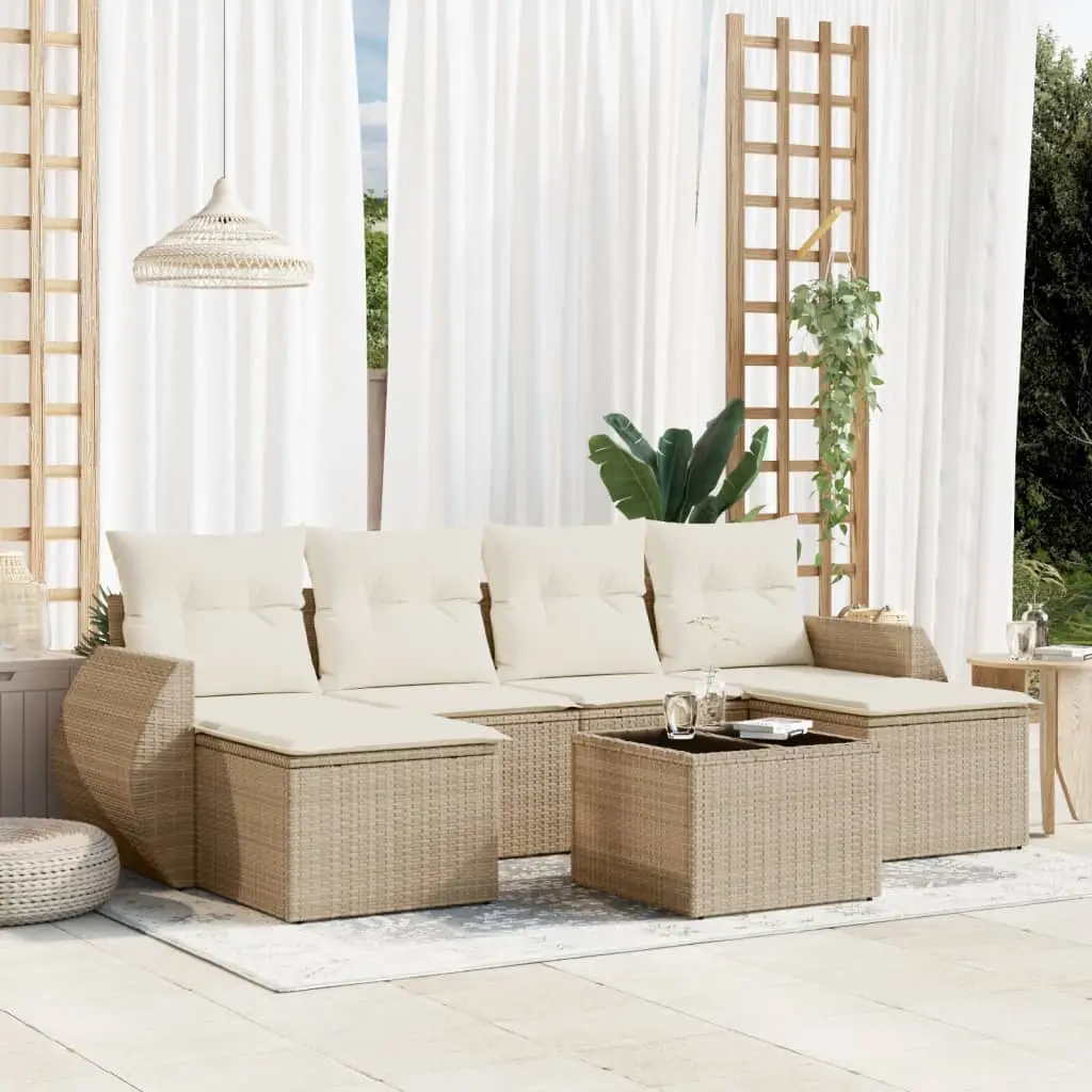 Ensemble canapé modulable 7 pièces avec rangement et 2 poufs pour jardin Beige et Coussins Crème – ComfortXL Outdoor Living
