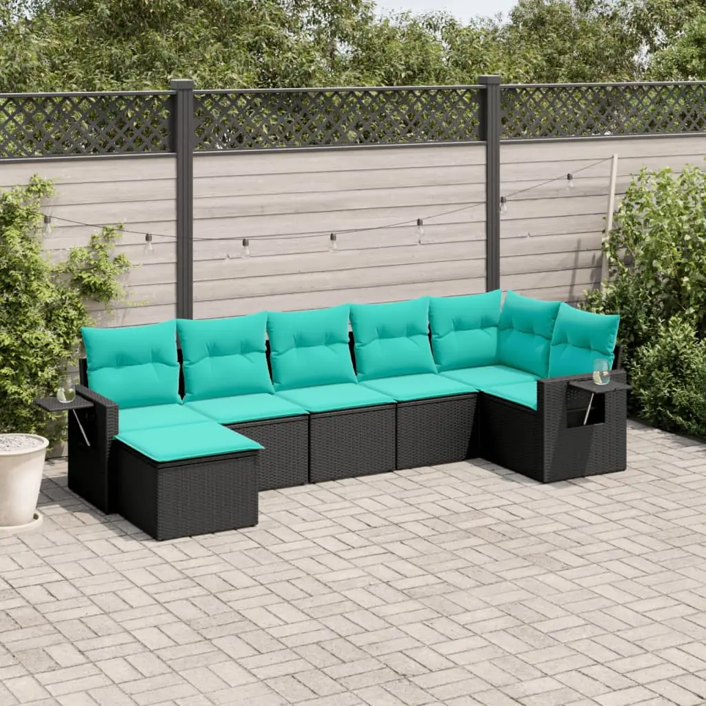 Ensemble d’extérieur 7 places en poly rotin sectionnel avec repose-pied Coussins Bleus – ComfortXL Outdoor Living