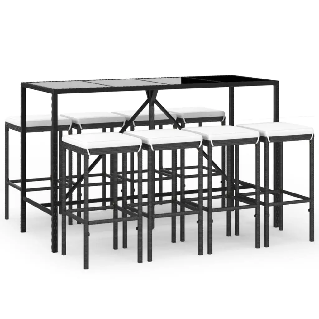 Ensemble de 9 pcs bar de jardin – Mobilier d’extérieur – Mobilier de jardin avec coussins noir poly rotin