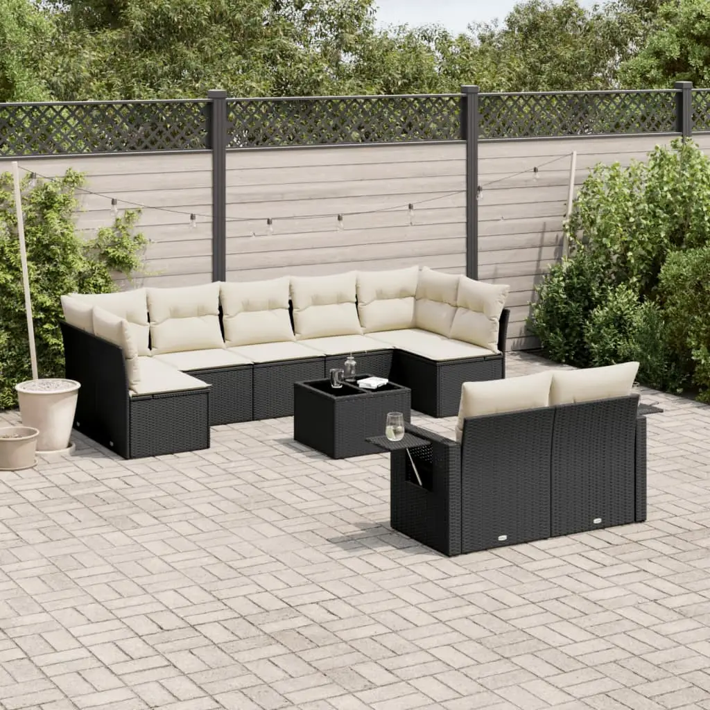 Ensemble canapé de jardin 10 places résine tressée modulable et tablettes pliables Noir et Crème – ComfortXL Outdoor Living