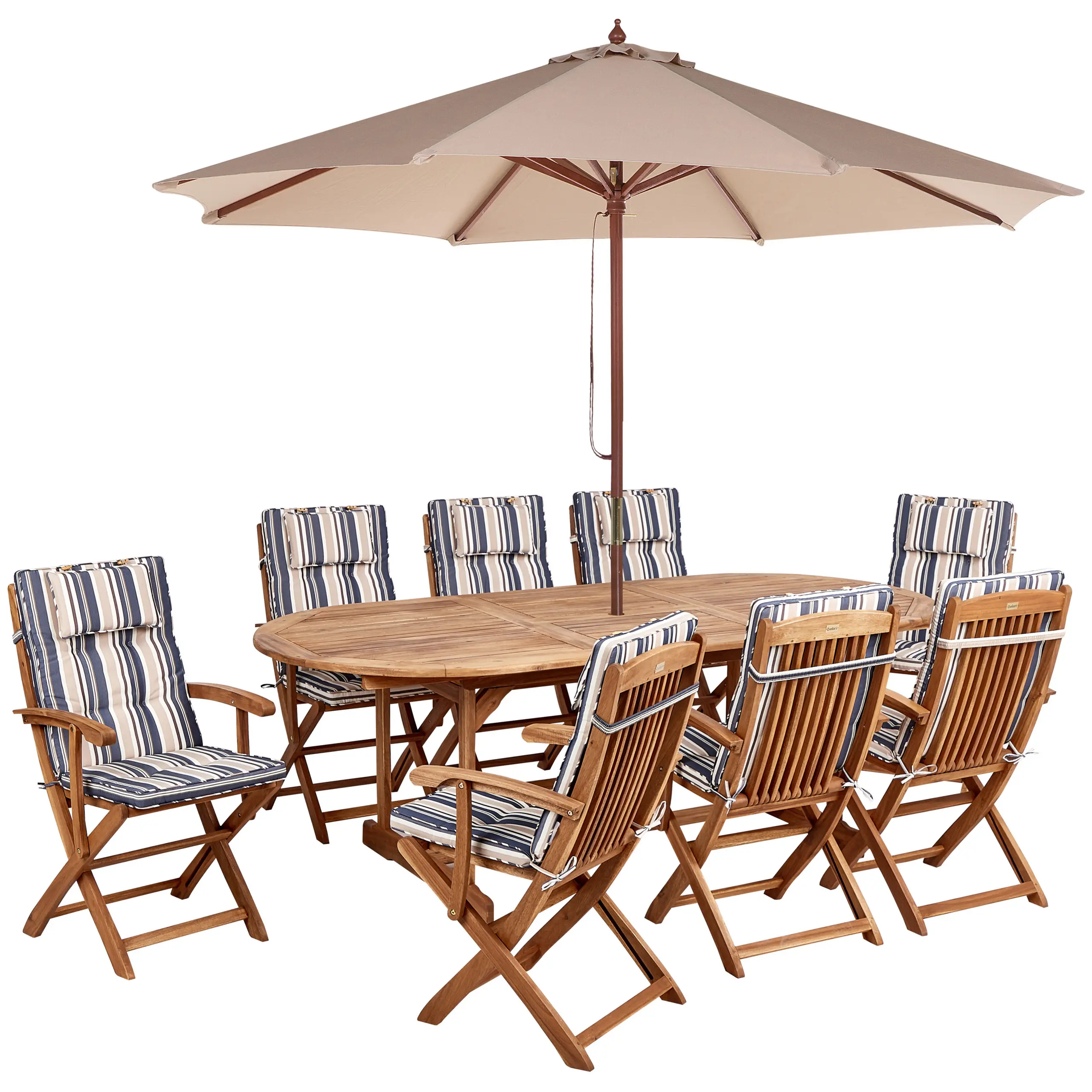 Ensemble de Jardin avec Coussins Rayés Bleu en Bois d’Acacia Table et Chaises et Parasol 8 Places Style Rustique