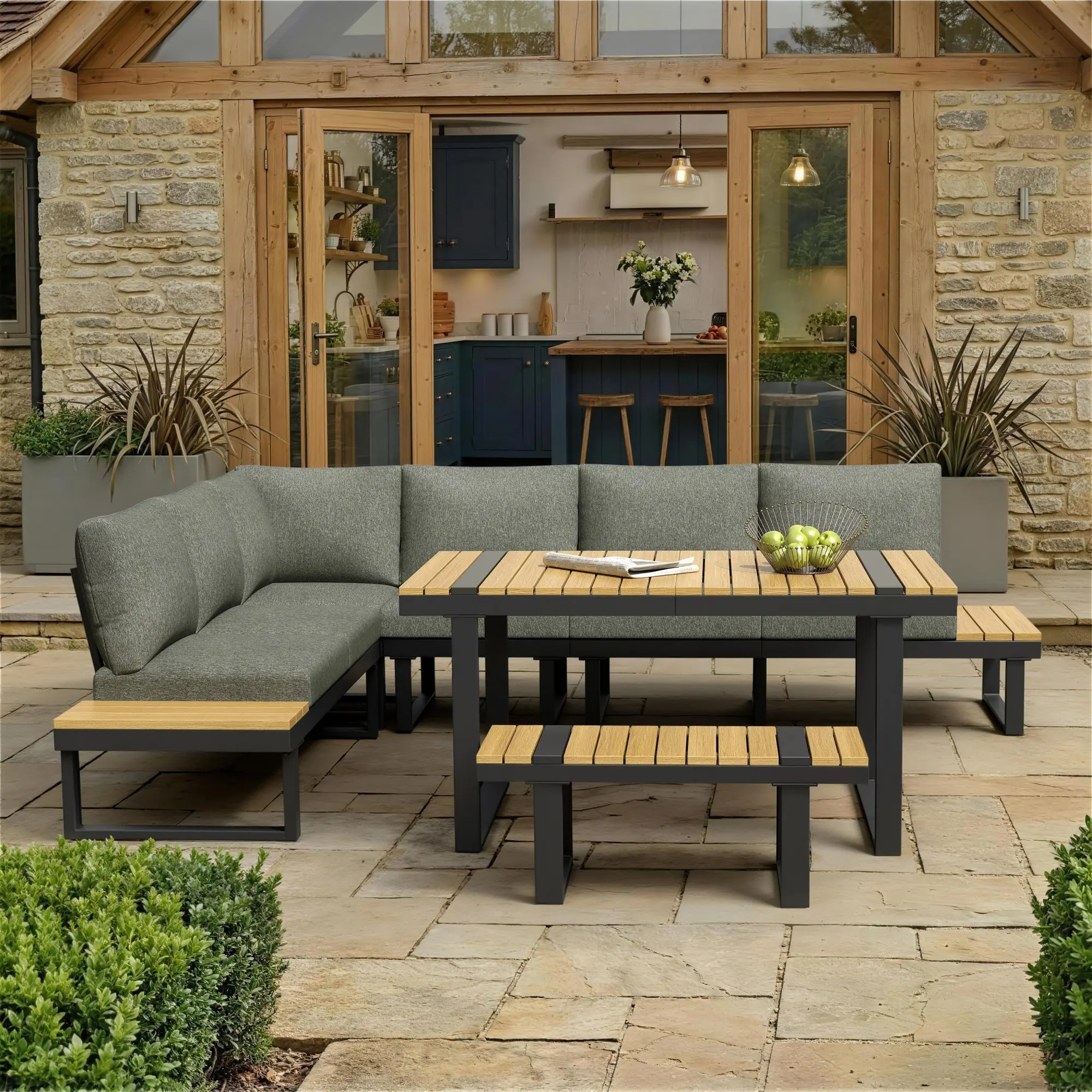 Ensemble de mobilier de jardin, avec inclinaison réglable (5 positions, jusqu’à 55°), tubes en acier galvanisé, gris + noir Black