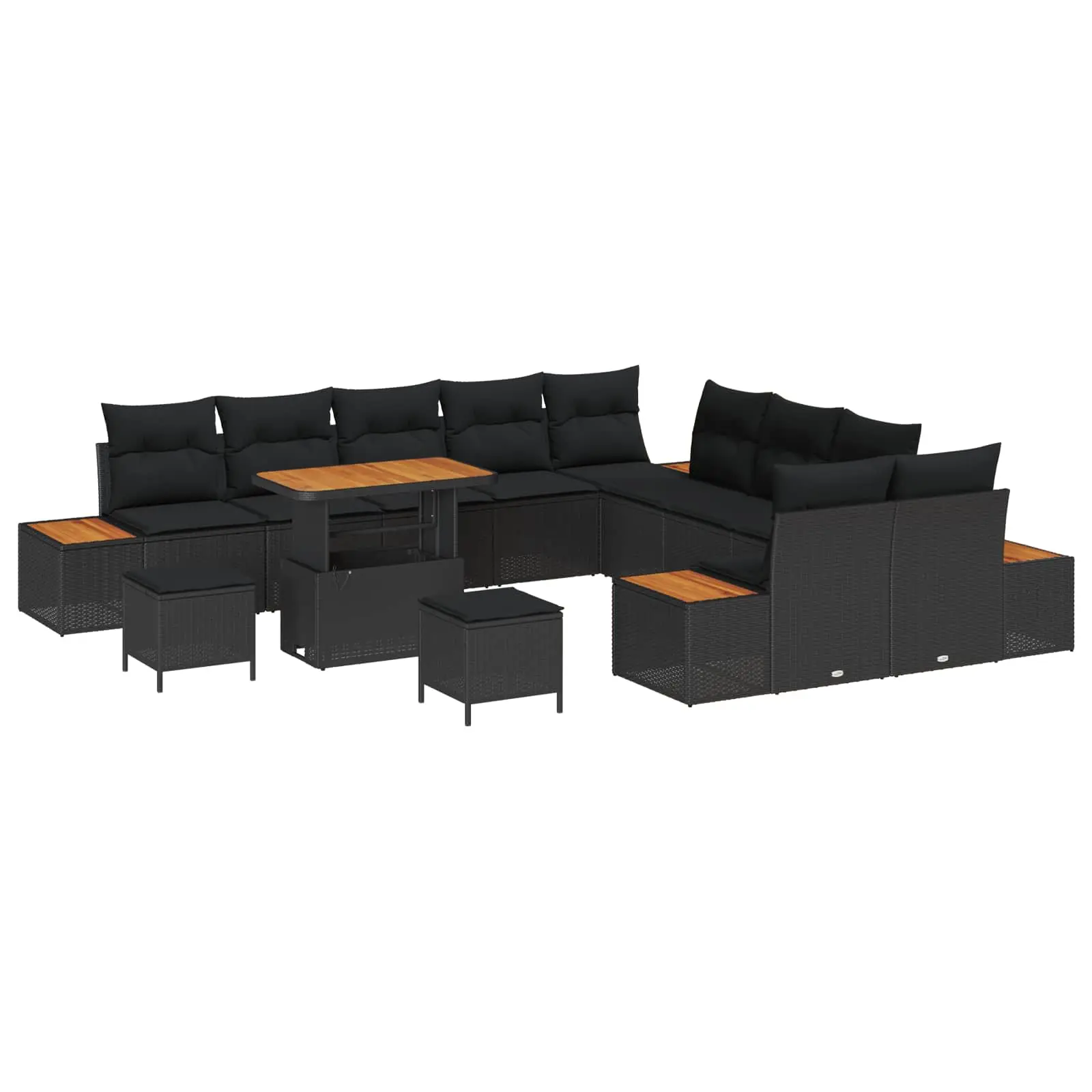 Ensemble Canapé Noir Résine Tressée & Bois – Salon Modulaire avec Coffres de Rangement – ComfortXL Outdoor Living