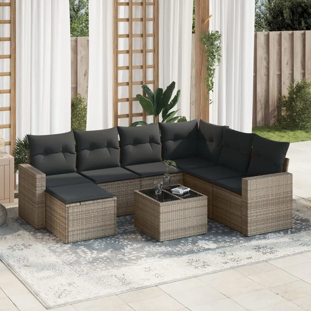 Ensemble de jardin 8 pièces poly rotin modulable avec table en verre et coussins Gris – ComfortXL Outdoor Living