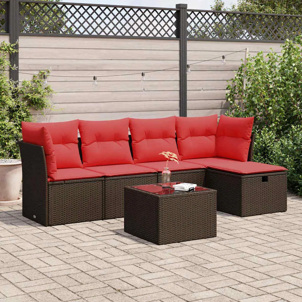 Ensemble de jardin 6 places résine tressée avec rangement et coussins rouges Marron – ComfortXL Outdoor Living
