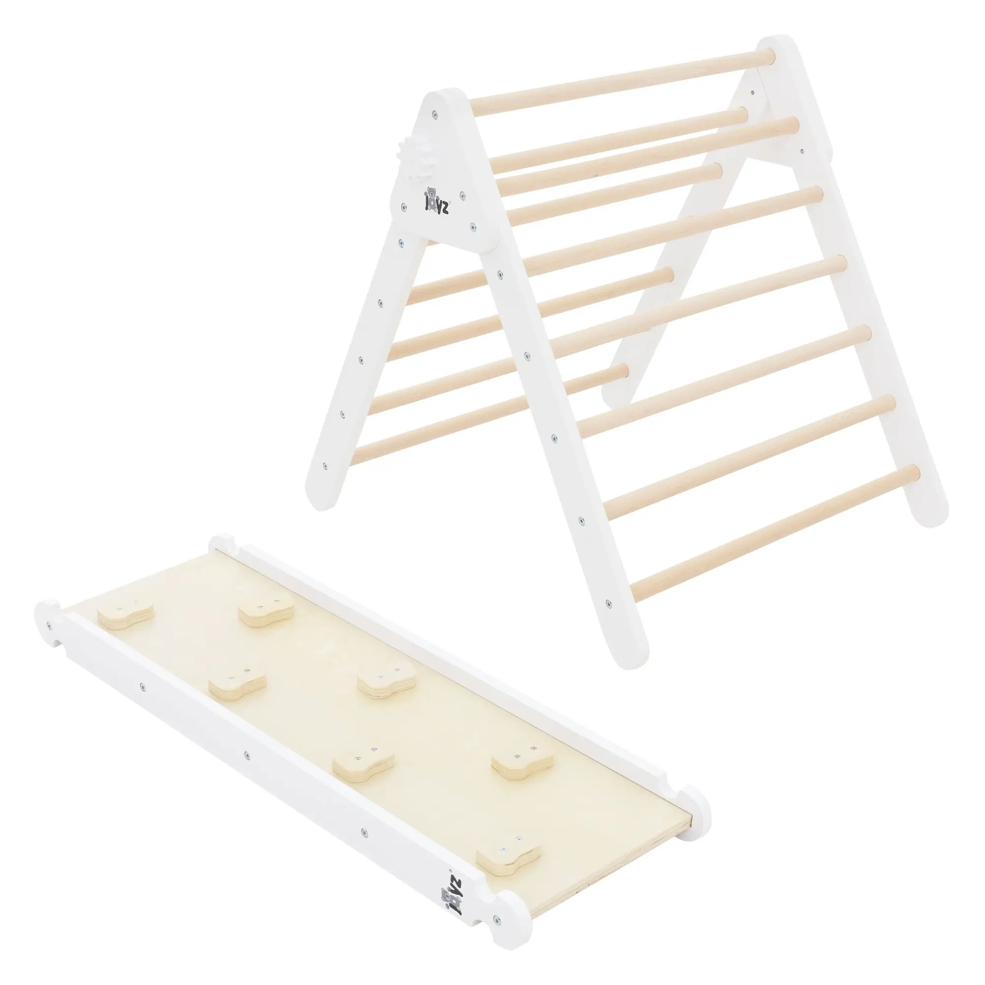 Ensemble d’escalade blanc en bois avec triangle planche de glisse convient convient enfants dès 2 ans développe la motricité l’équilibre la sécurité