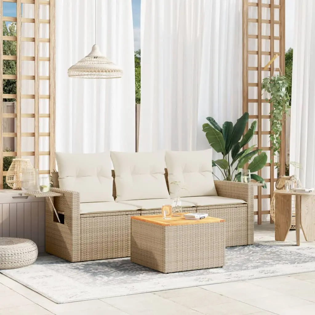 Ensemble de Jardin Compact 4 Pièces en Résine Tressée Beige Coussins Blanc Crème – ComfortXL Outdoor Living