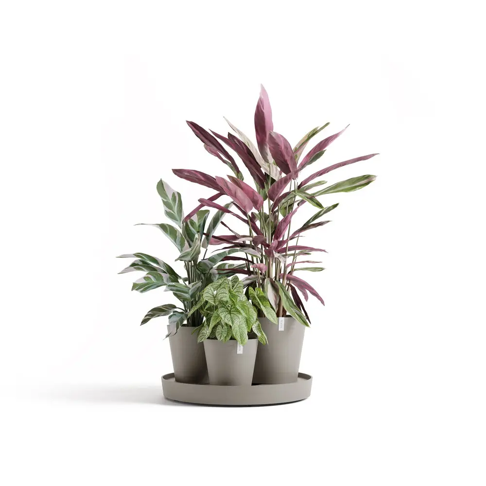 Ensemble de 3 pots Dubai Taupe – Ø 57 x H. 30 cm – support à roulettes ECOPOTS
