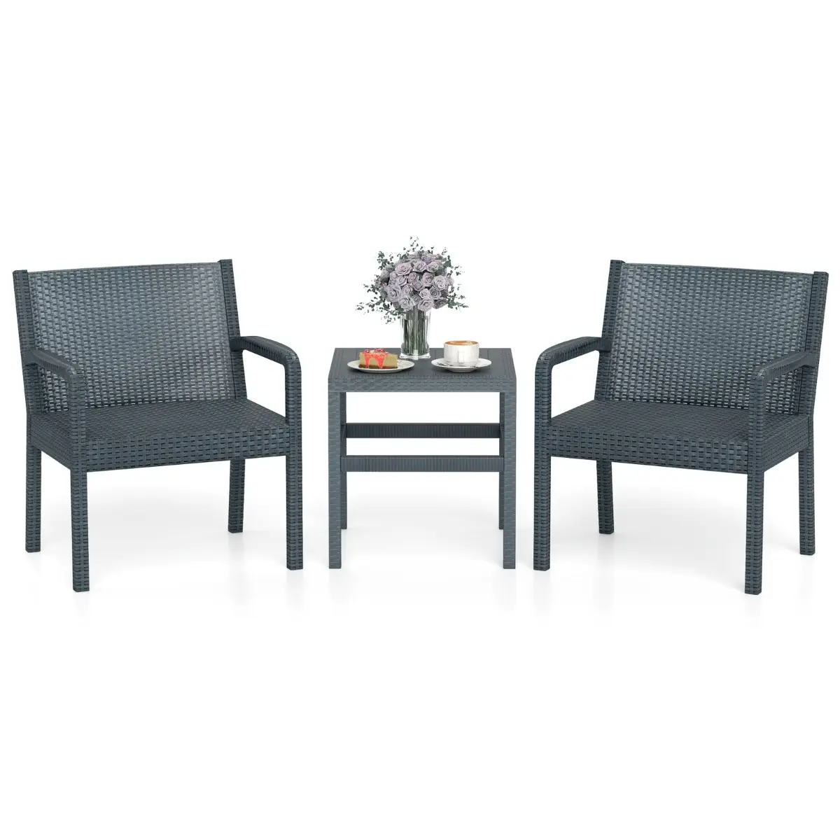 Ensemble de Meubles 3 Pièces de Patio en Rotin Salon de Jardin Extérieur – 2 Fauteuils Table d’Appoint Carrée Gris MAISON CHIC