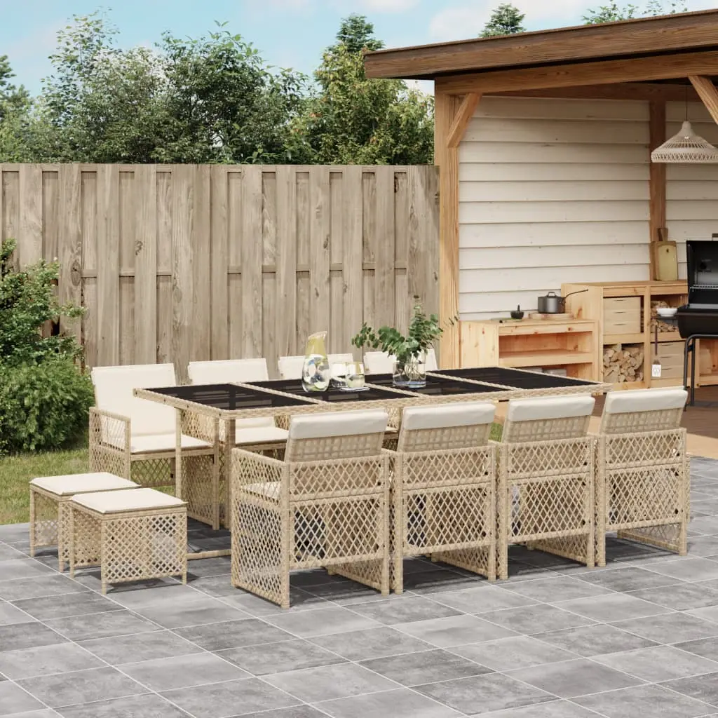 Ensemble de Jardin Repas 12 Personnes Beige, Table en Verre et Assises Encastrables en Poly Rotin – ComfortXL Outdoor Living