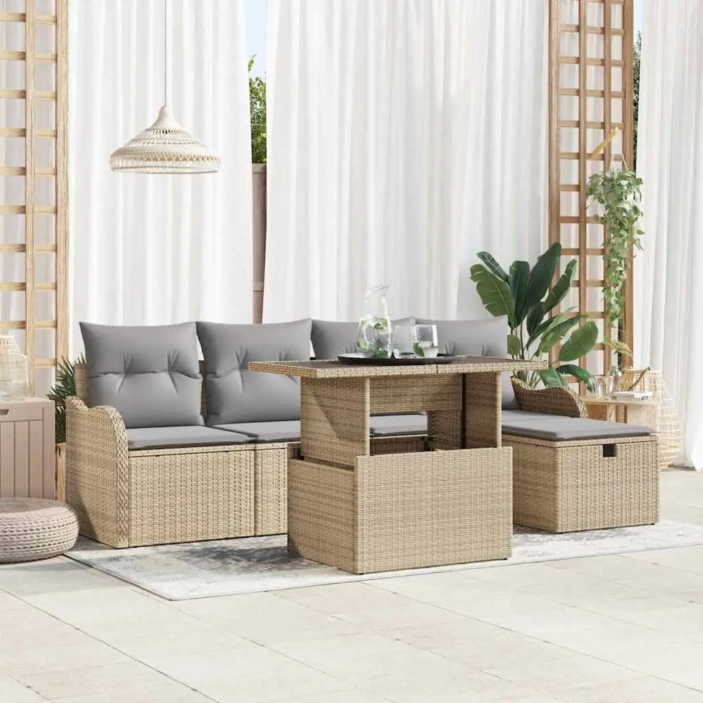 Ensemble de Jardin 6 Pièces Poly Rotin 5 Places avec Rangement et Coussins Beige – ComfortXL Outdoor Living