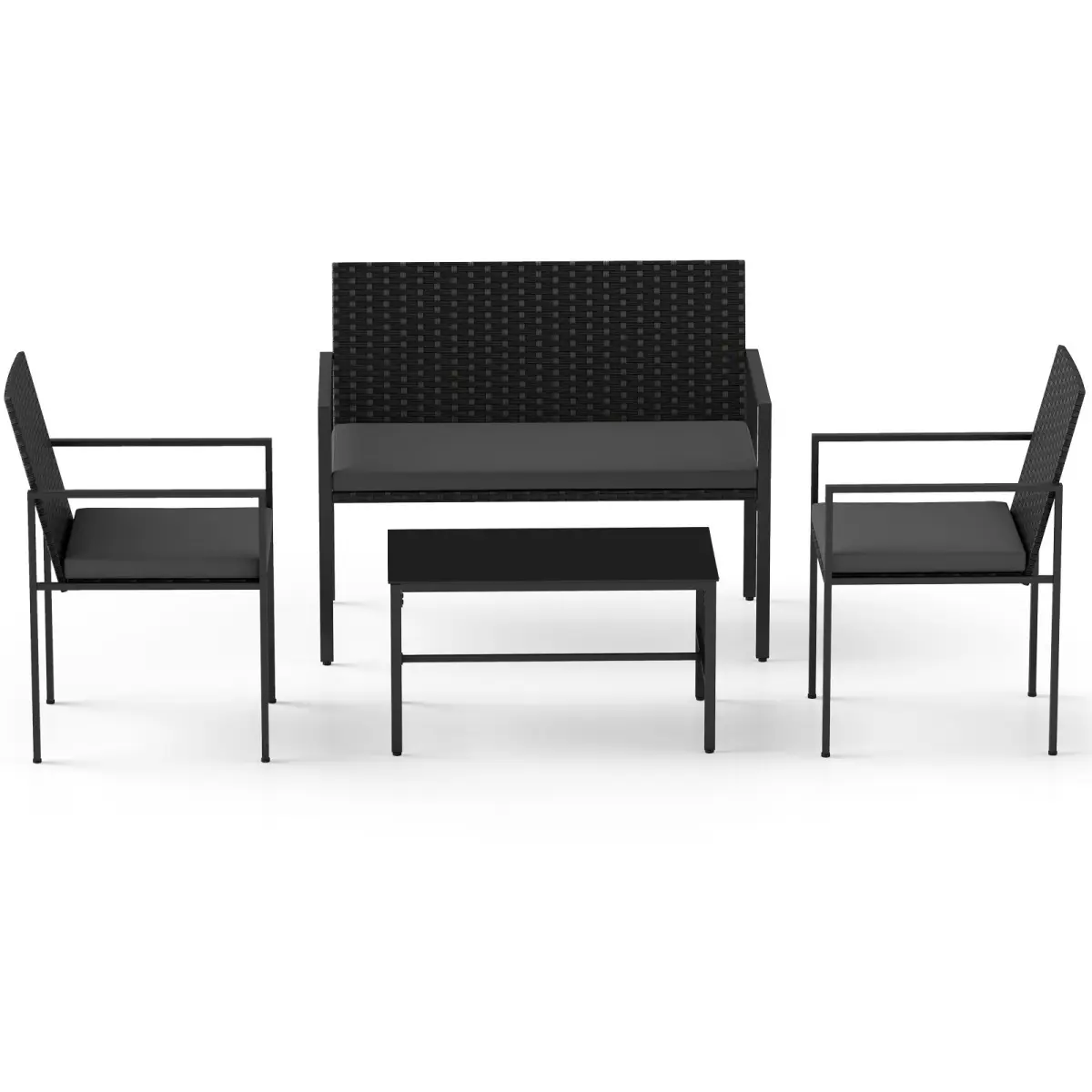 Ensemble de Mobilier de Jardin 4 Pièces Fauteuils et Canapé en Rotin Table Basse en Verre Trempé Coussins Doux Gris MAISON CHIC