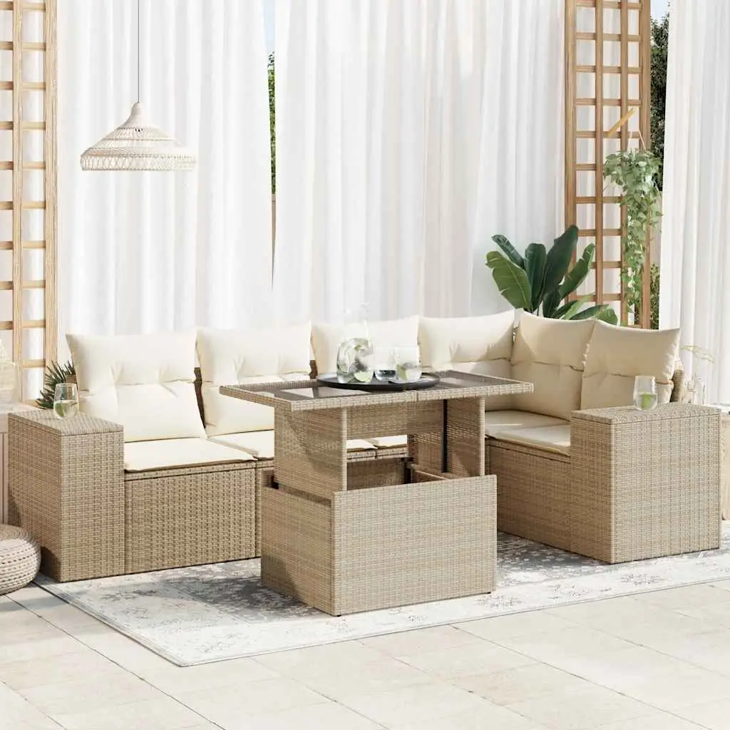 Ensemble de jardin 6 places résine tressée avec rangements et table relevable beige – ComfortXL Outdoor Living