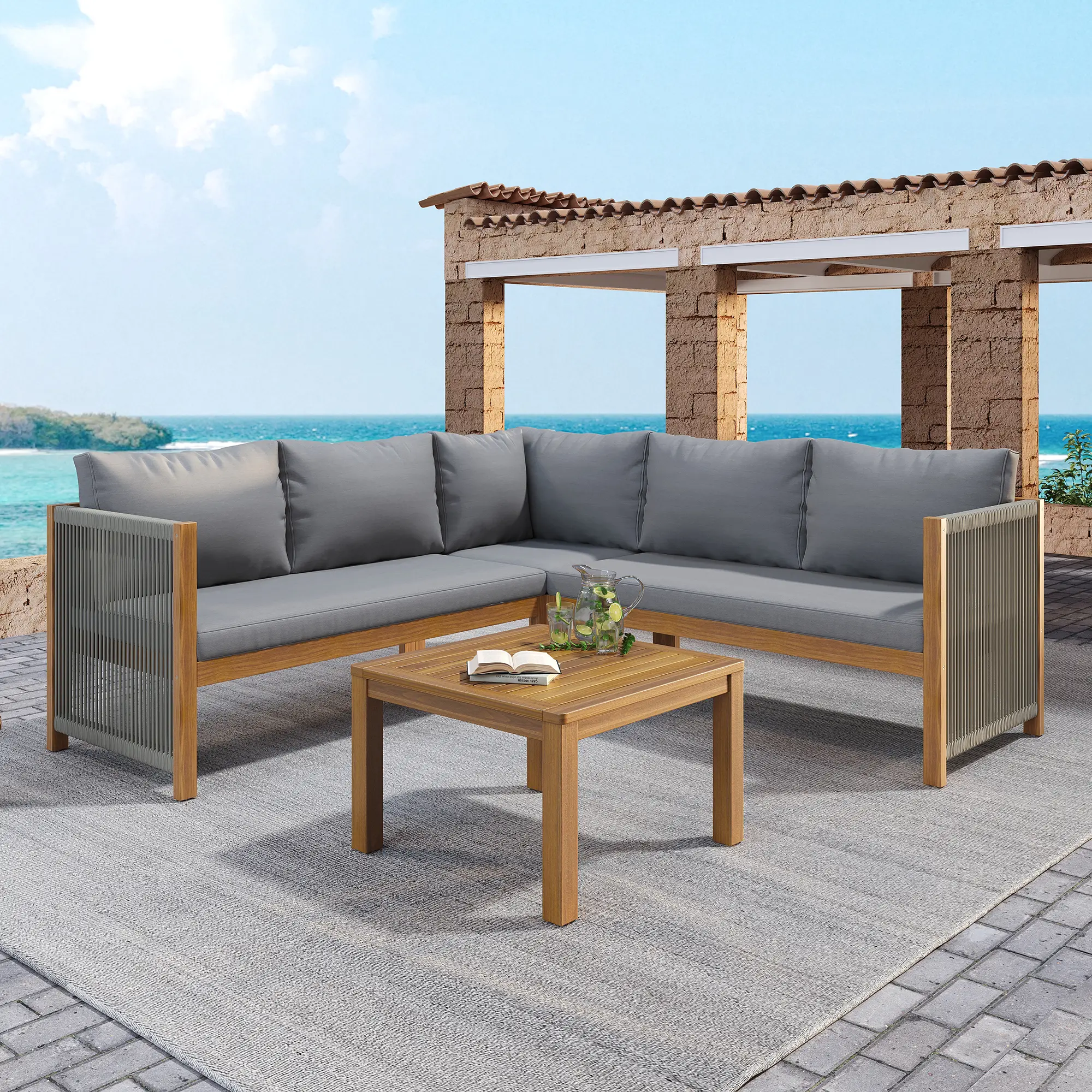 Ensemble de meubles de jardin, canapé d’angle + table basse, plateau en bois d’acacia, corde tressée, gris