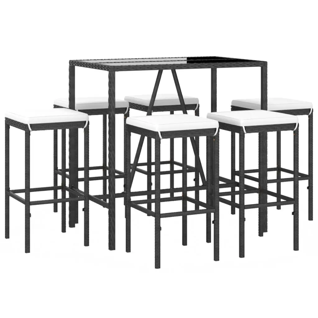 Ensemble de bar de jardin 7 pièces avec coussins noir poly rotin