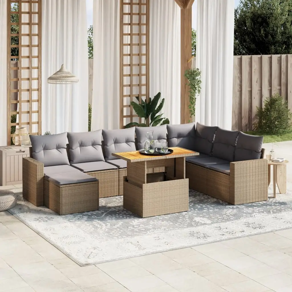 Ensemble de jardin 9 places en résine tressée avec table ajustable et coussins gris Beige – ComfortXL Outdoor Living