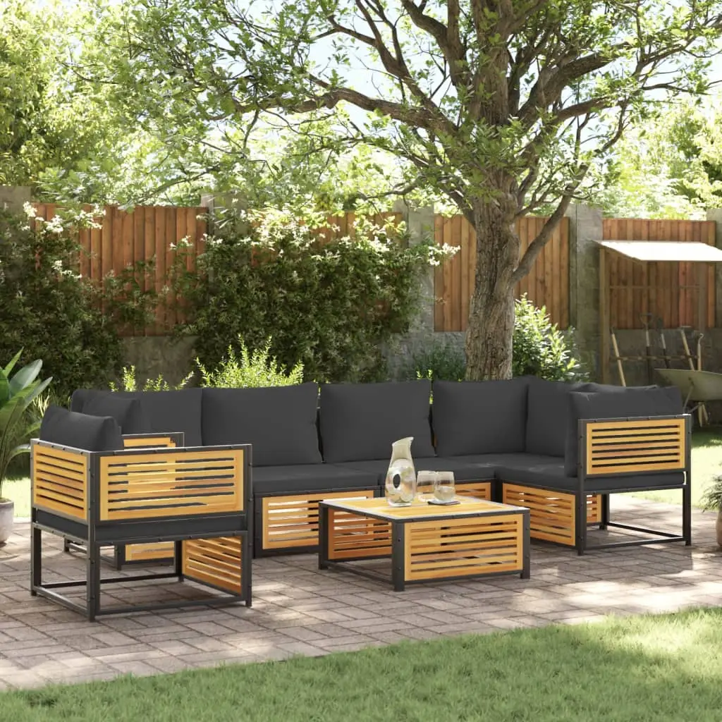 Ensemble de Jardin 7 Pièces Bois d’Acacia et Acier Modulable Coussins Anthracite Brun – ComfortXL Outdoor Living