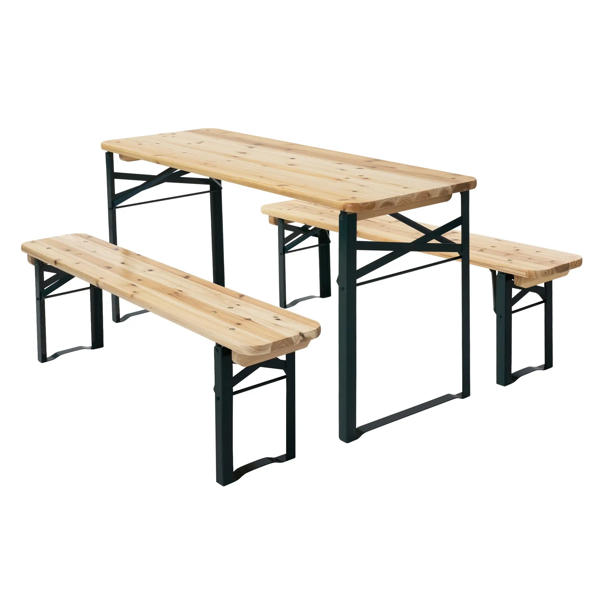 Ensemble de meubles pour enfants brun natural en bois de sapin en comprenant 2 bancs et une table de pique-nique avec 4 places ideal pour le jardín