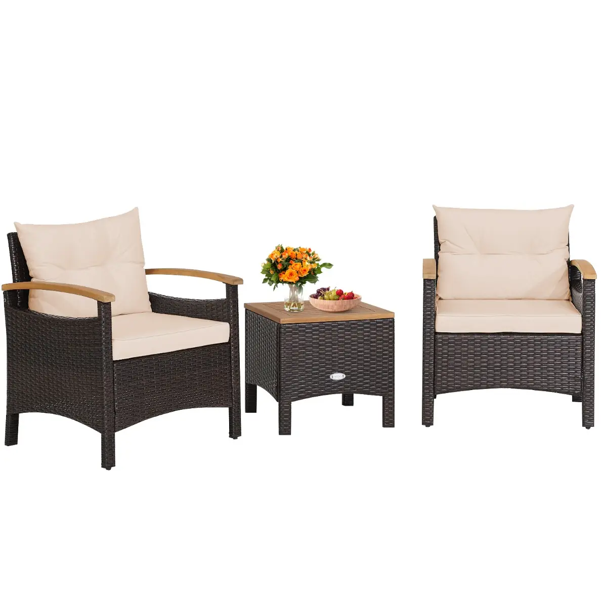 Ensemble de 3 Pièces Salon de Jardin Meubles de Patio Rotin 2 Fauteuils Table Basse avec Coussin Amovible Marron