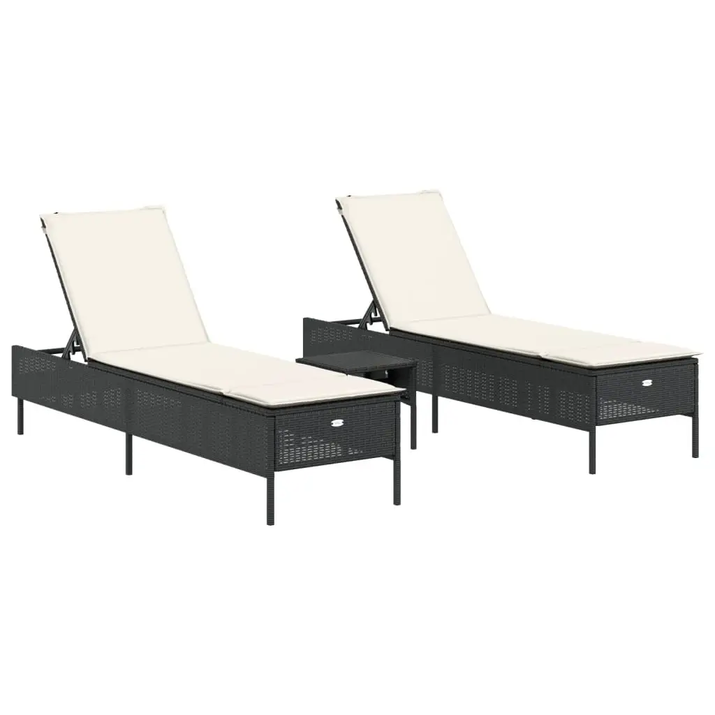 Ensemble de 3 pcs Bain de soleil – Transats – Chaises longues avec coussins noir poly rotin – MEUBLE PRO