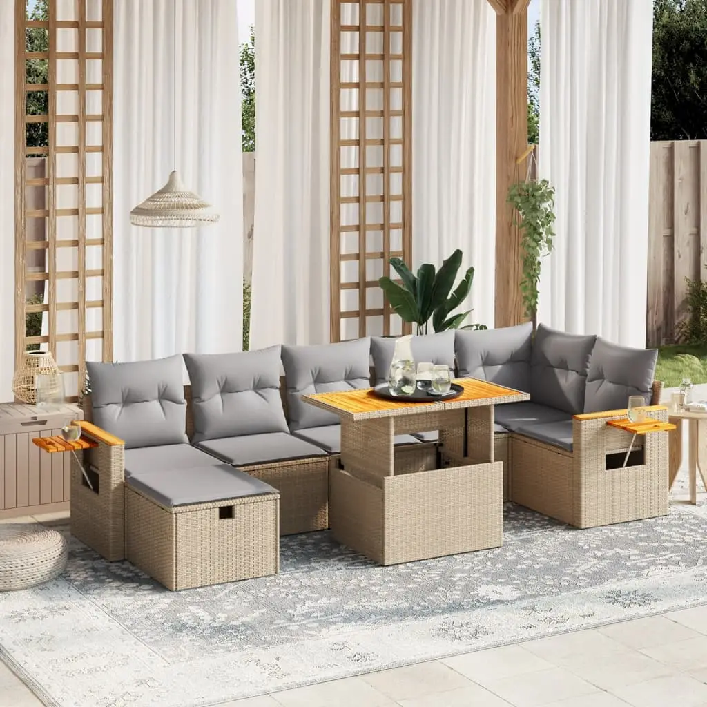Ensemble de jardin 8 places résine tressée table relevable et tablette bois Beige – ComfortXL Outdoor Living
