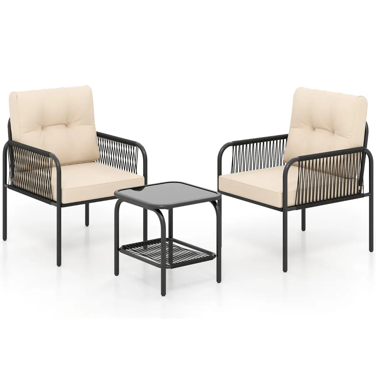 Ensemble de Meubles 3 Pièces de Patio en Rotin PE Salon de Jardin 2 Fauteuils Table Basse en Verre Trempé avec Coussins de Dossier Beige