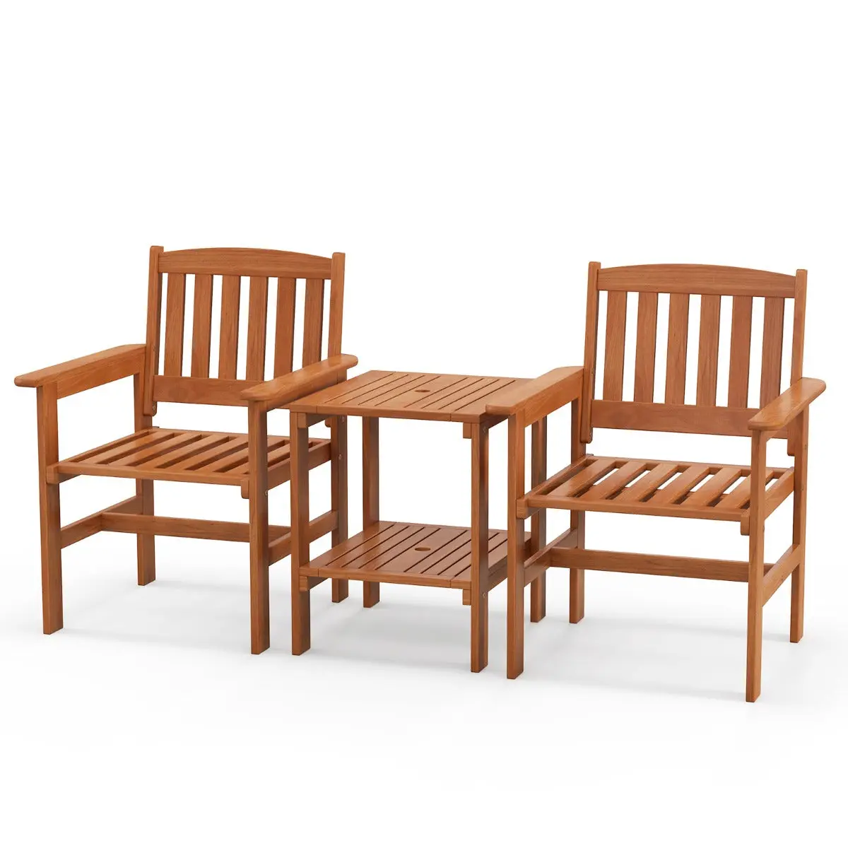 Ensemble de meubles de patio 2 places en bois salon de jardin avec 2 chaises table basse et trou pour parasol