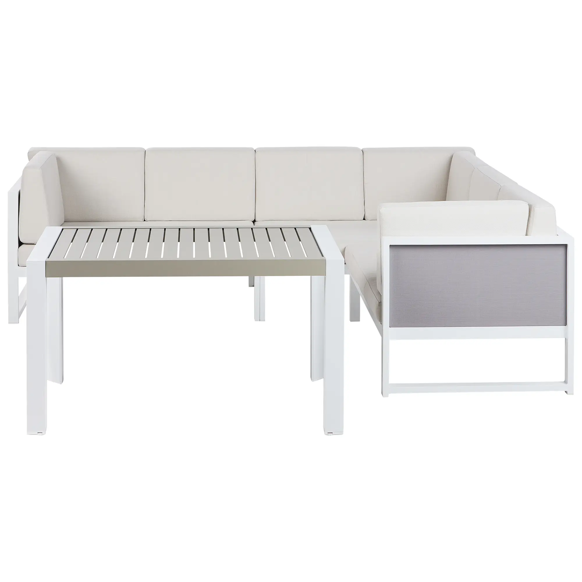 Ensemble de Jardin 6 Places en Aluminium Coussins Blanc Cassé Modulable en L Extérieur